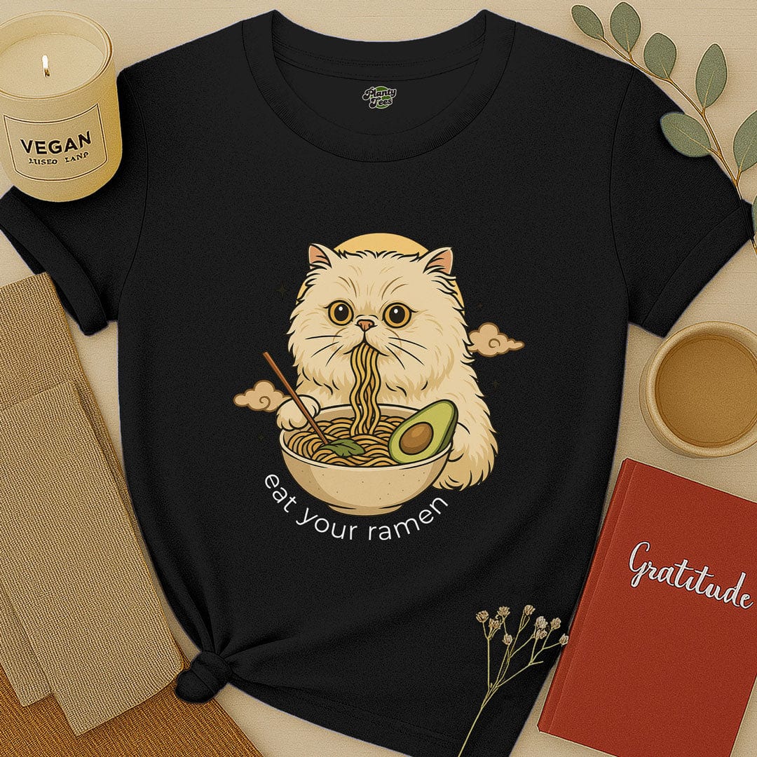 Cat Eating Vegan Ramen T-Shirt