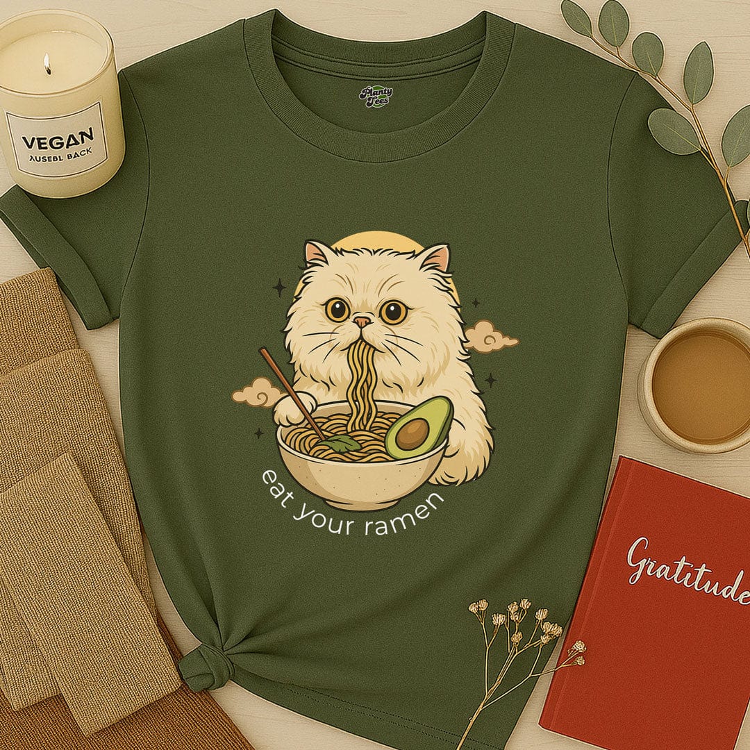 Cat Eating Vegan Ramen T-Shirt