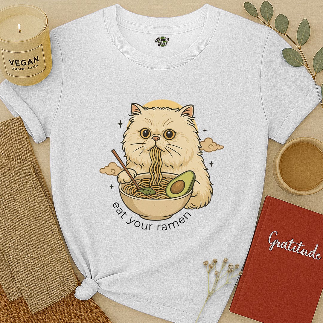 Cat Eating Vegan Ramen T-Shirt