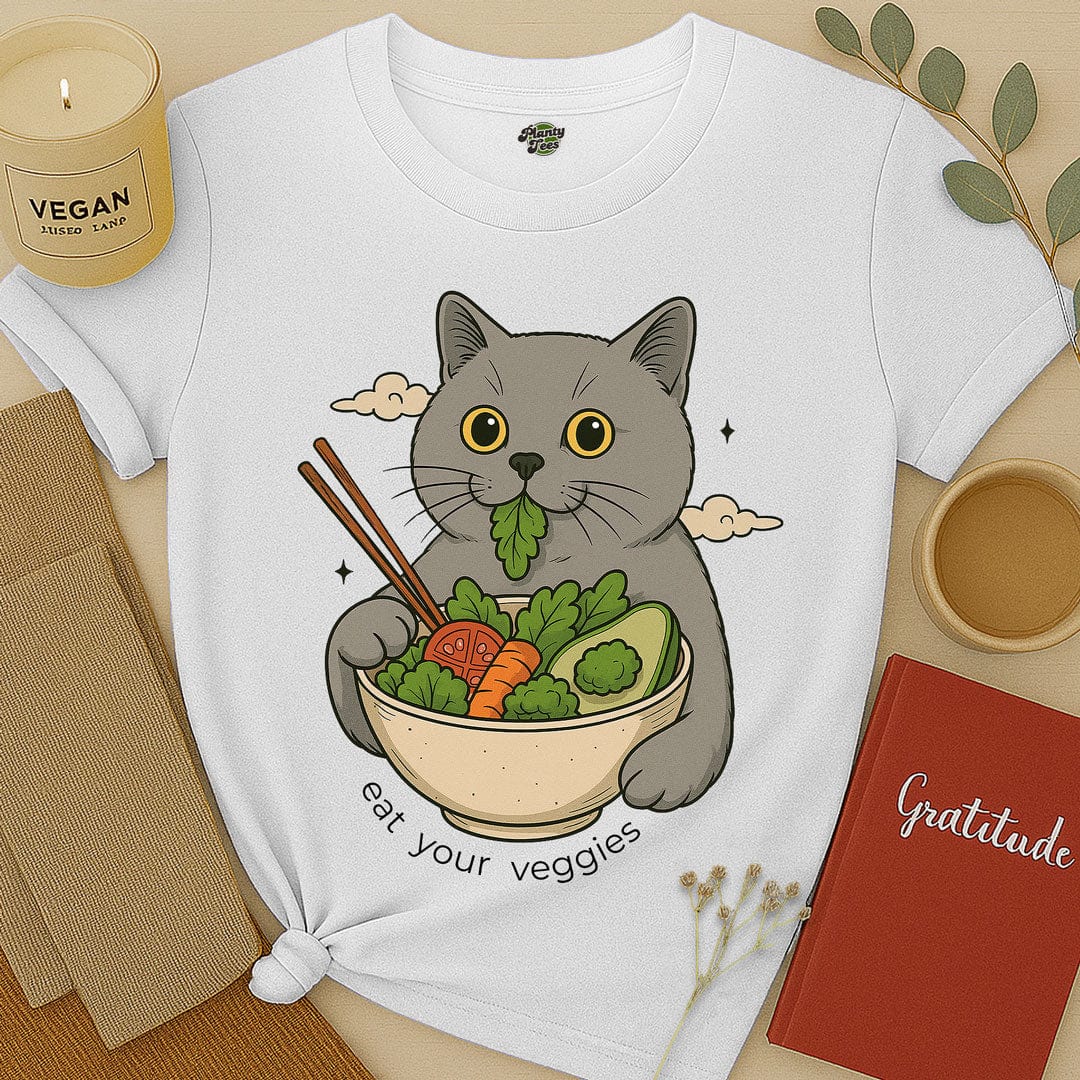 Cat Eating Veggie Bowl T-Shirt