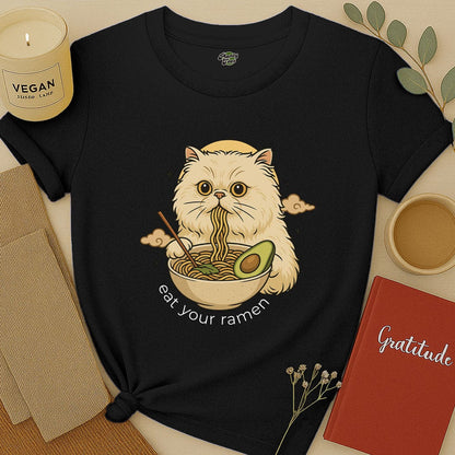 Cat Eating Vegan Ramen T-Shirt