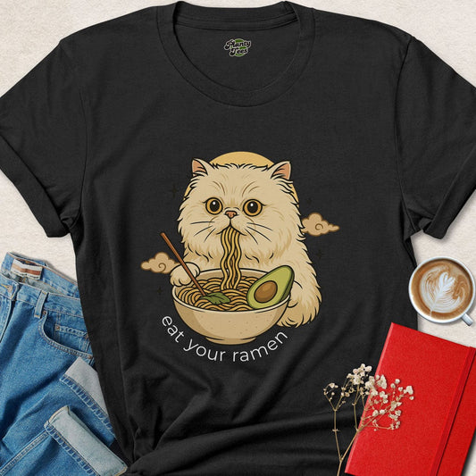 Cat Eating Vegan Ramen T-Shirt