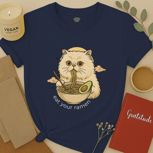 Cat Eating Vegan Ramen T-Shirt