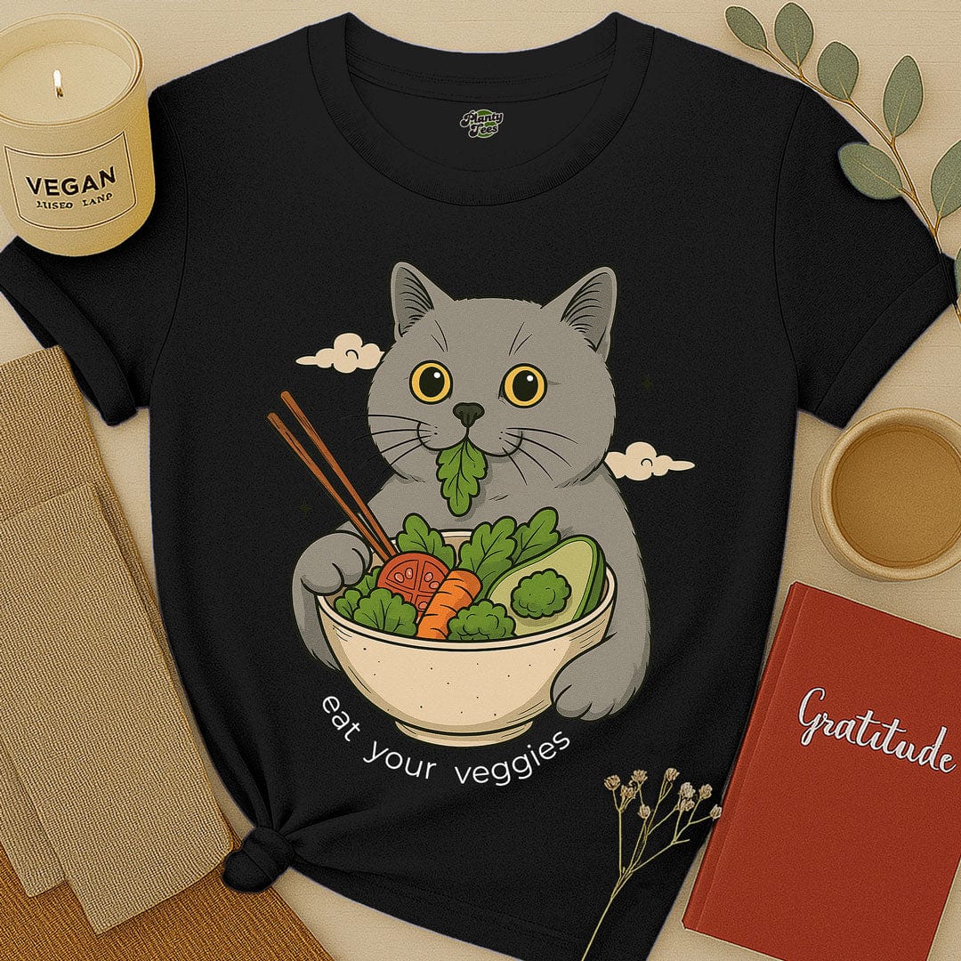 Cat Eating Veggie Bowl T-Shirt