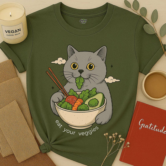 Cat Eating Veggie Bowl T-Shirt